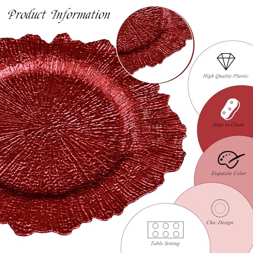 50 Pack Red Plastic Charger Plates 13 Inch Reef Pattern Bulk Set - Elegant Tableware