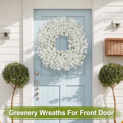 Spring Wreath for Front Door - 26 Inch Artificial Forsythia, All Season Outdoor Decor - White-R