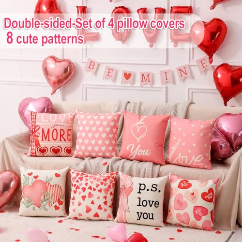 Pink Valentine Pillow Covers Set of 4 16x16 Reversible Double-Sided Decor Kit