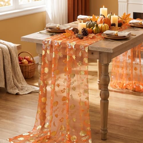 6-Pack Fall Gauze Table Runners 28x120 Inch with Metallic Foil Leaves - Orange Gold
