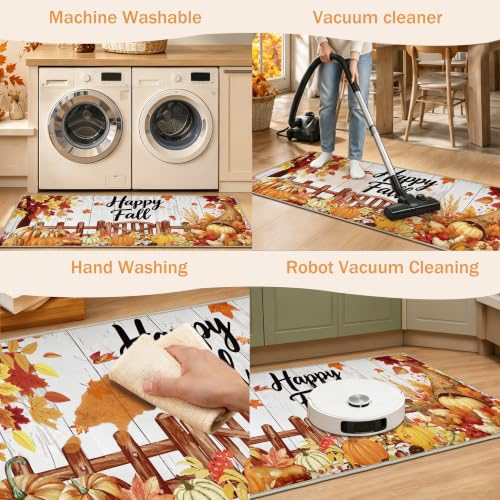 Fall Kitchen Rug Set of 3 with Pumpkins & Leaves - Non Slip Washable Mats