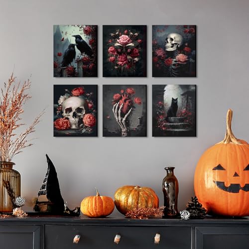 Halloween Skull & Floral Framed Canvas Wall Art Set - 8x10 Inches, Moody Dark Rose Theme, Halloween Home Decor