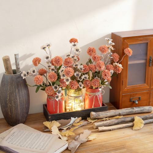 Mason Jar Lights Centerpiece with Wood Tray - Orange Red Floral Decor