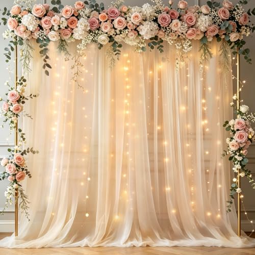 Ivory Tulle Backdrop Curtain with String Lights 10ft x 10ft Wedding & Party Decor — Chesjin