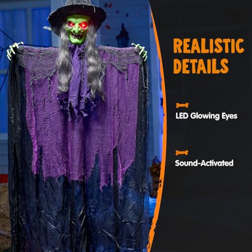 Spellbound Witch Hanging Halloween Decor - 72 Inch Green Face Light-Up Ghost with Sound Activation
