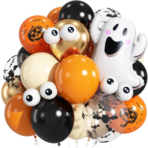 Halloween Balloon Set - Black, Orange, Sand, Gold with Ghost & Bat Prints - 36 Pack