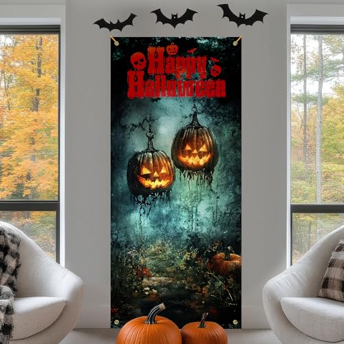 Halloween Door Curtain - Scary Pumpkin Forest Door Cover - Helloween Door Cover 2 - 35x79 Inch