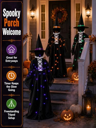 Set of 3 Light Up Halloween Witch Decorations Outdoor - 59 Inch LED Yard Stakes