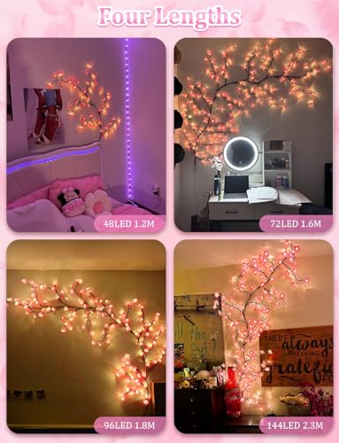 48 LED Pink Cherry Blossom Wall Lights for Bedroom Decor - Dimmable with Remote & Timer