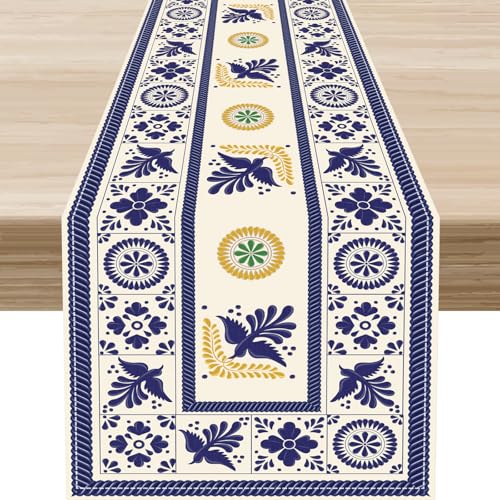 Ceramic Mexican Table Runner 13x36 Inches - Blue Floral Birds, Farmhouse Decor