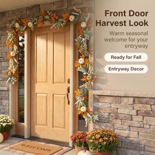Fall Garland with Pumpkins Berries Leaves for Autumn & Thanksgiving Decor - 6ft