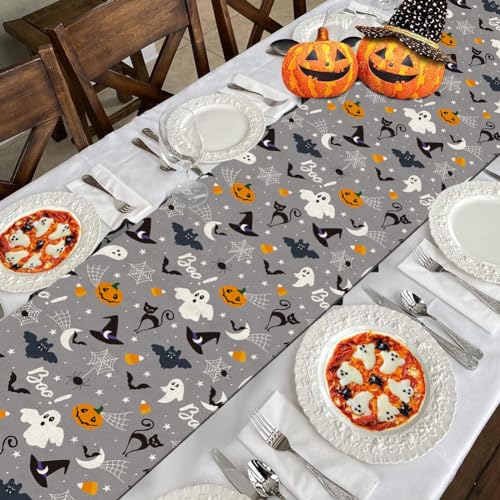 Halloween Table Runner Ghost Pumpkin Black Cat Burlap 13x72 Inch - Gray Halloween Characters