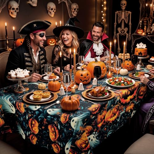 Spooky Pumpkins Ghost Halloween Tablecloth with Variation Black Cat Bat Pumpkin - 60x84 Inch