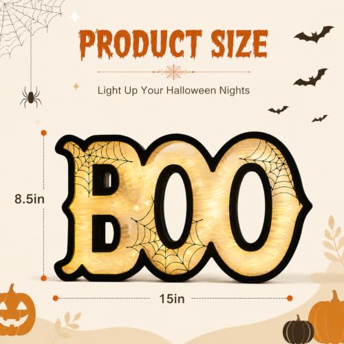 Light Up Halloween BOO Sign with Spiderweb Pattern - Wooden Indoor Decor