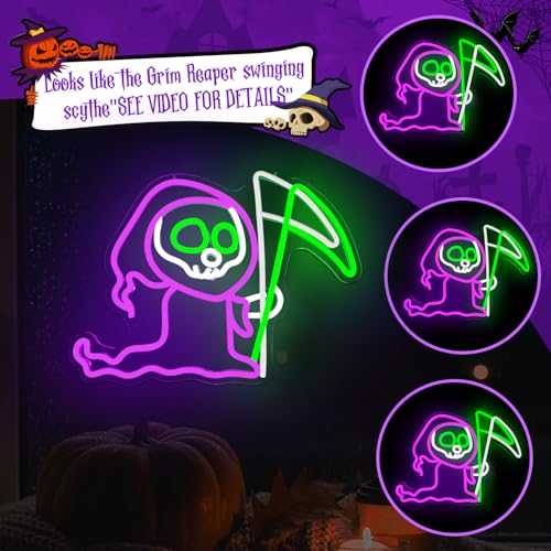 Halloween Grim Reaper Neon Sign with Swinging Scythe - Ghost LED Wall Decor