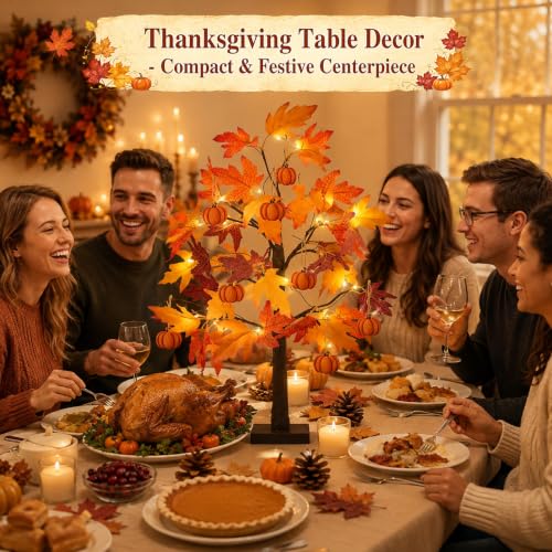 Fall Lighted Maple Tree Set - 2 Pack 24 Inch Autumn Decor with Pumpkins, Indoor Outdoor