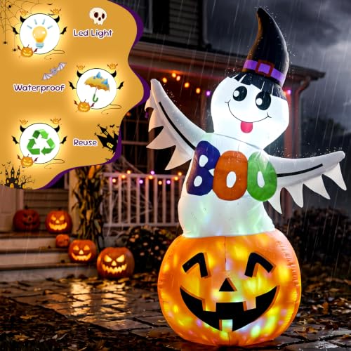 Halloween Inflatable Ghost Pumpkin with Witch Hat & Boo Sign - 6 FT - Kid-Friendly Yard Decor - Variation: Ghost Pumpkin