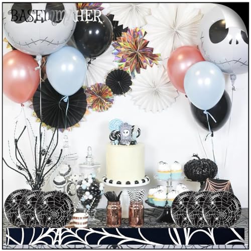Halloween Spider Web Paper Plates Set - Disposable Black & White Party Dinnerware for 12