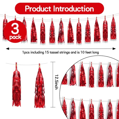 Red Metallic Foil Tassel Garland - 3 Pack Party Streamers for Weddings Celebrations