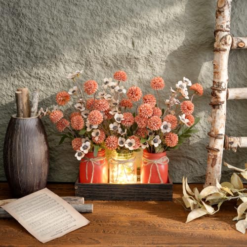 Mason Jar Lights Centerpiece with Wood Tray - Orange Red Floral Decor