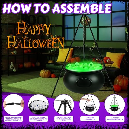 Halloween Witch Cauldron Set with Tripod & Eyeball String Lights - Indoor Outdoor Decor