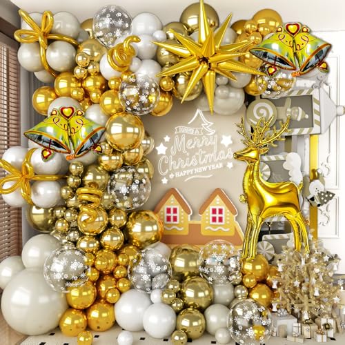 Champagne Gold White Christmas Balloon Arch Kit 121pcs with Deer & Snowflakes