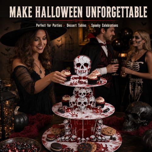 Halloween Bloody Cupcake Stand - 3-Tier Skeleton Handprints Party Decor - Bloody Variant
