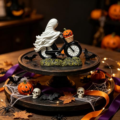 Halloween Ghost Riding Bicycle Figurine with Pumpkin - Table Decor, Party Centerpiece, Seasonal Home Accent - Variation of Bicycle