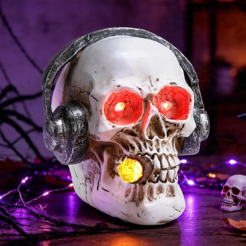 Halloween Skull Headphone Statue with LED Lighted Eyes - 4.7" Resin Decor