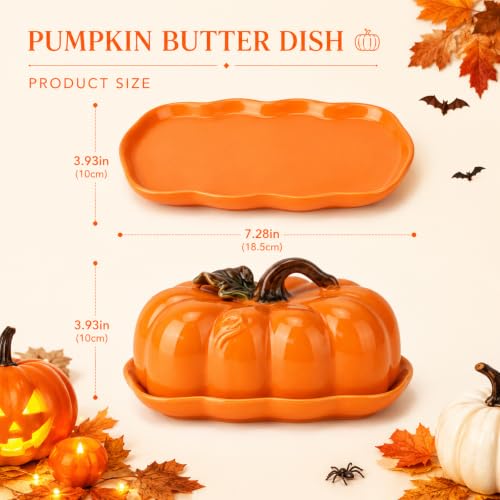Orange Pumpkin-Shaped Ceramic Butter Dish with Lid - Fall Kitchen Decor