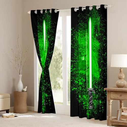 Kids & Teens Light-Up Lightsaber Curtain Set - Green 52x84 Inch Blackout Window Decor
