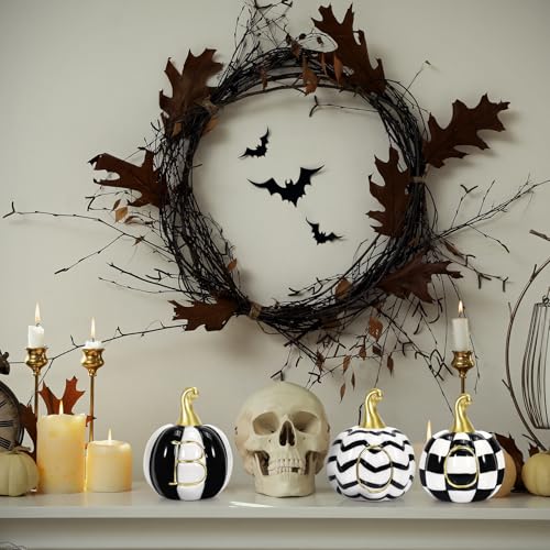 Ceramic Halloween Pumpkin Decor Set - 6 Black & White Buffalo Plaid, Polka Dots & Stripes, Fall & Thanksgiving Decor