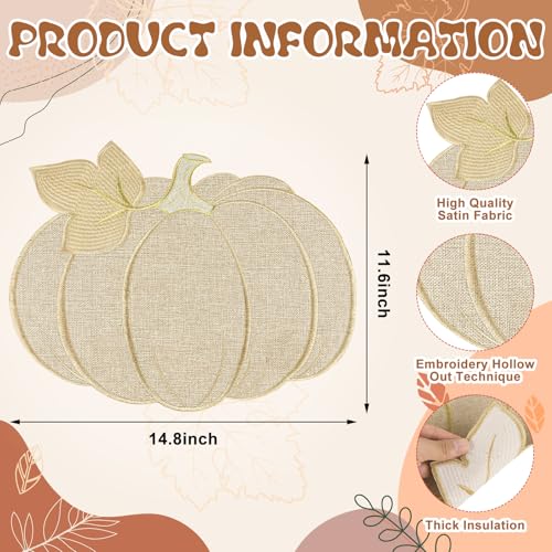 Pumpkin Placemats Set of 4 - Fall Autumn Harvest Table Decor for Thanksgiving