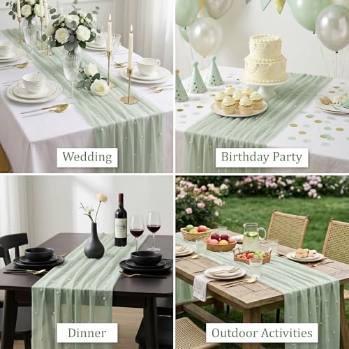 Pearl White Gauze Table Runner 120 Inch with Studded Pearls for Wedding & Party - Light Green Variation