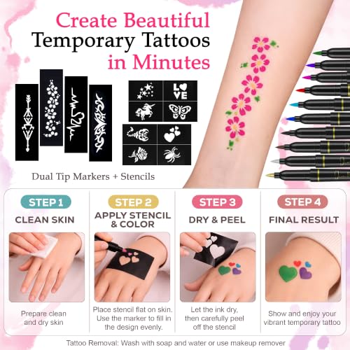 Kids & Teens Temporary Tattoo Pen Set with 10 Colors, Metallic Gold & Silver, Face & Body Art Kit