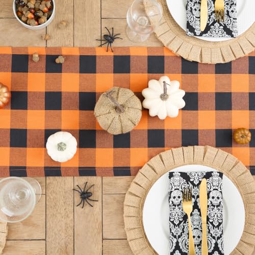 Farmhouse Table Runner 14x108 Inch Orange & Black Buffalo Check
