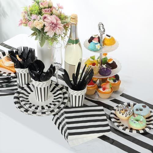 White Black Disposable Dinnerware Set for Parties - 154 Pcs Party Supplies with Napkins & Tablecloths