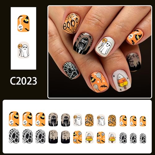 Halloween Press On Nails Short Square Fake Nails with Pumpkin Ghost Spider Web Design - Nails-261 - 24 Pcs