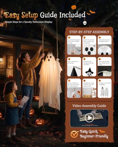2-Pack Swinging Ghost Outdoor Halloween Decorations - Adjustable 4.5-7.2 FT Wind-Activated Ghosts with Lights