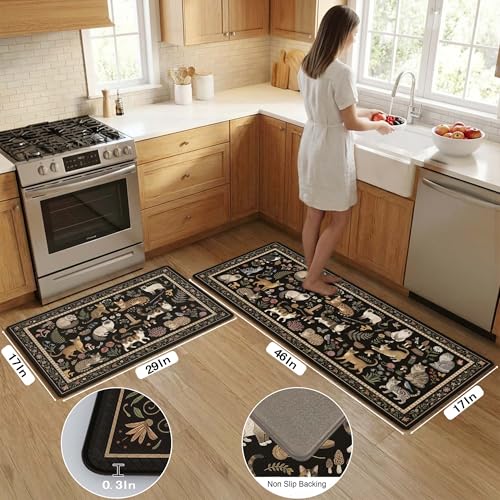 Anti-Fatigue Cat Kitchen Rug Mat Set - Vintage Black Non-Slip Waterproof Memory Foam