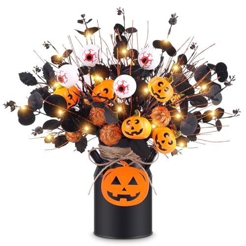 Halloween Decor Set with Artificial Pumpkins, Eyeballs, Eucalyptus Stems & String Lights - Halloween Centerpieces for Indoor Home Party - Variation of Halloween Decor