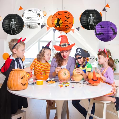 Halloween Hanging Paper Lanterns Set - Jack-O'-Lantern, Skeleton, Spider & Witch Decor, 10 Pieces