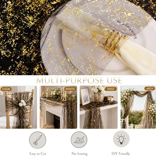 Black Gold Gauze Table Runner Set - 3 Pcs 10 Ft Sparkle Sheer Glitter Mesh