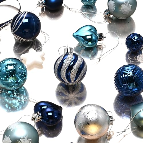 Christmas Heart Shaped Ball Ornament Set - Blue Silver - 28pcs