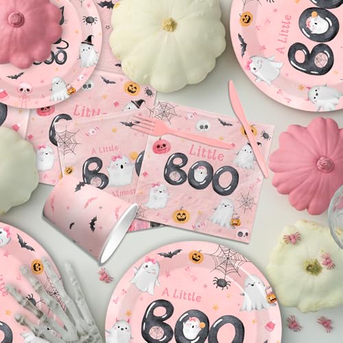 Pink Halloween Baby Shower Dinnerware Set - Plates Napkins Cups for Girl Party
