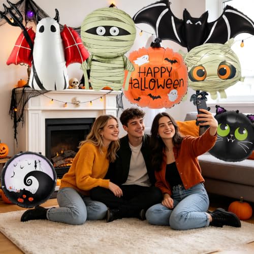 Halloween Foil Balloons Set - Bats, Mummy, Pumpkin & Ghost Decorations