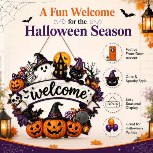 Wooden Halloween Wreath for Front Door Decor - Pumpkin Black Cat Ghost Design