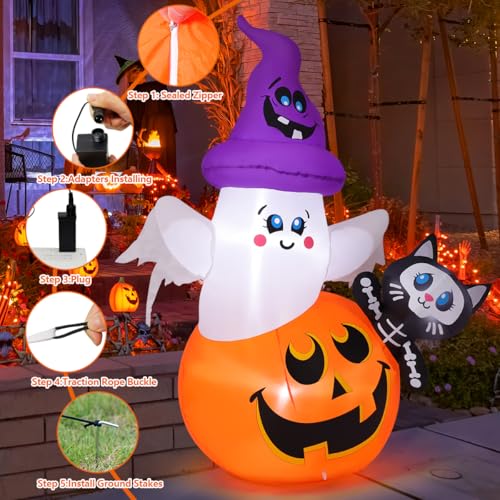 5 FT Halloween Inflatable Pumpkin Ghost Cat Yard Decor with LEDs Waterproof Outdoor Decorations