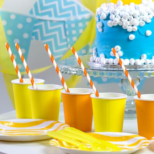 Orange Biodegradable Paper Straws - 200 Pack Striped Disposable Drinking Staws for Parties - Variation: Orange