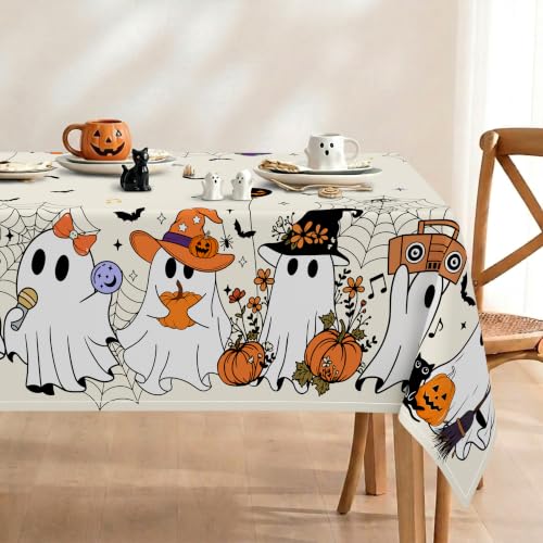 Halloween Tablecloth Rectangular 60 x 84 Inch Ghost Pumpkin Waterproof Farmhouse Decor - Variation of Ghost